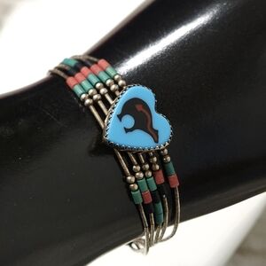 Vintage Southwestern Turquoise Sterling Liquid Silver Bear Heart Stone Bracelet